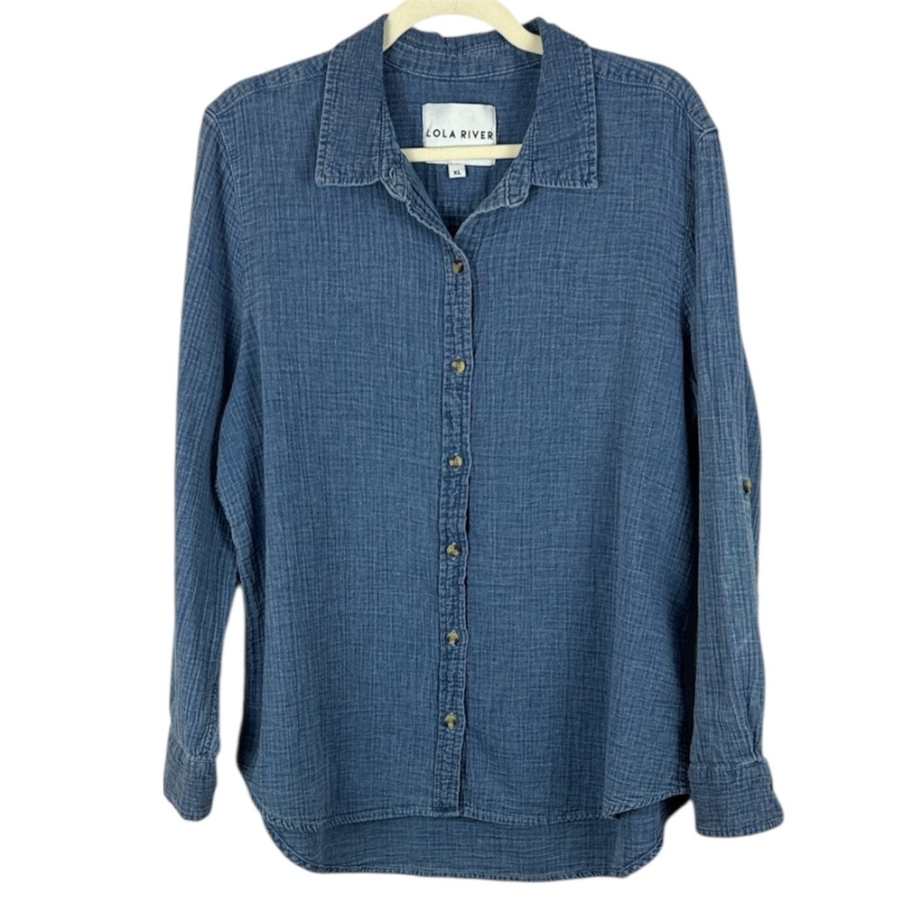 Lola River Blue Button-Front Textured Cotton Blouse